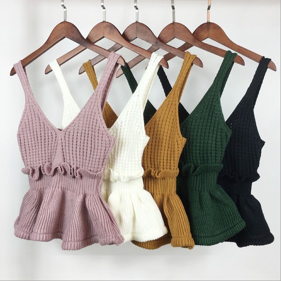 Matching slim peplum sexy knit vest V-neck halter short waistcoat sleeveless top