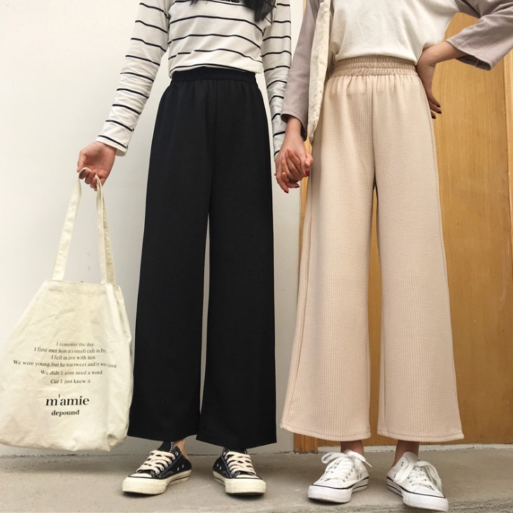 Wide-leg women's casual pants, spring women's elastic high-waisted knitted wide-leg trousers