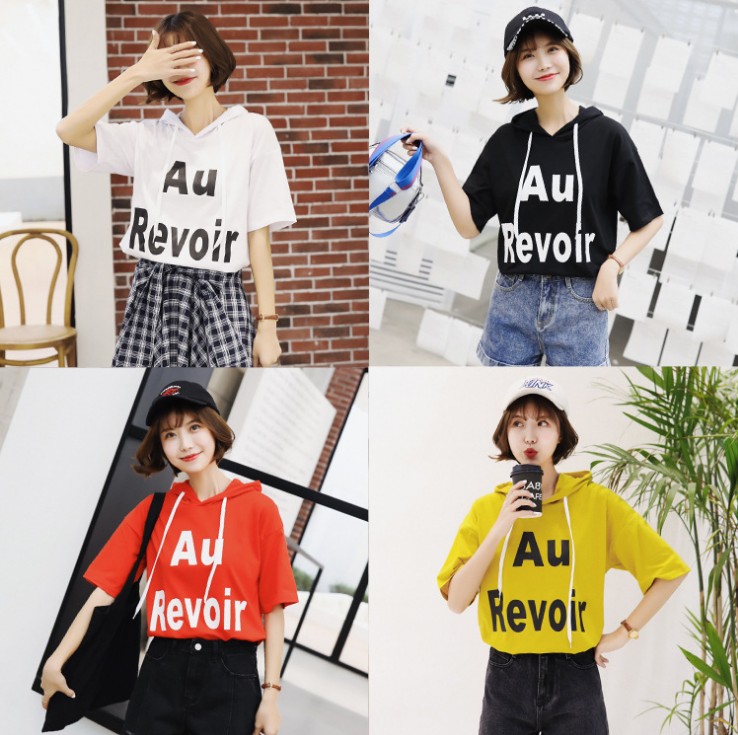 Summer women's bestseller short-sleeved T-shirt, pure cotton large-sized loose version, hooded letter printed half-sleeved shirt