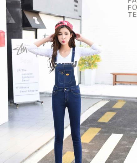 an-fs Spring and Autumn new Korean-style denim overalls, women's slimming elastic strap detachable long pants details Picture