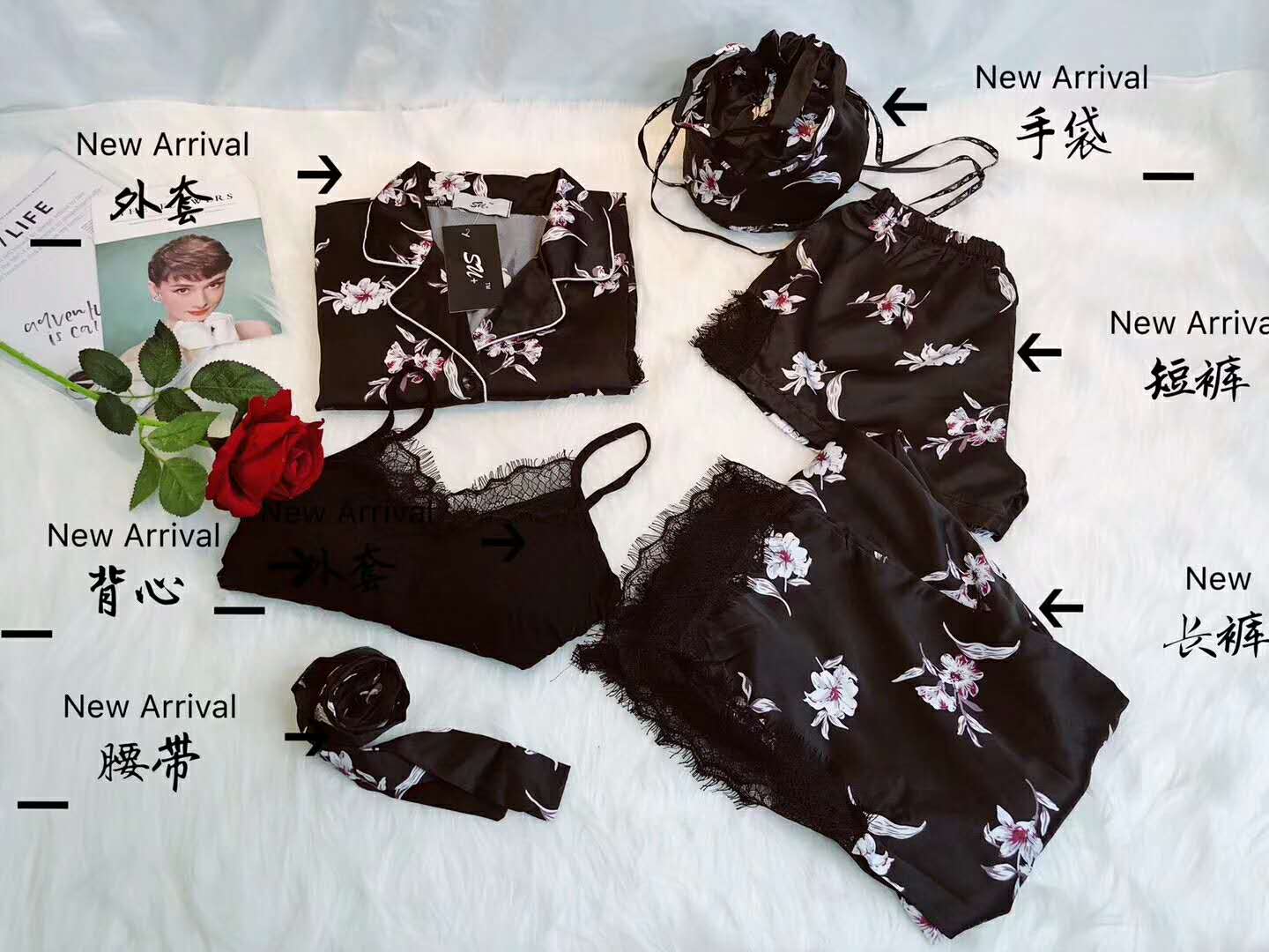 New silk pajamas 6-piece set, goddess lace 6-piece set for home wear Specification image
