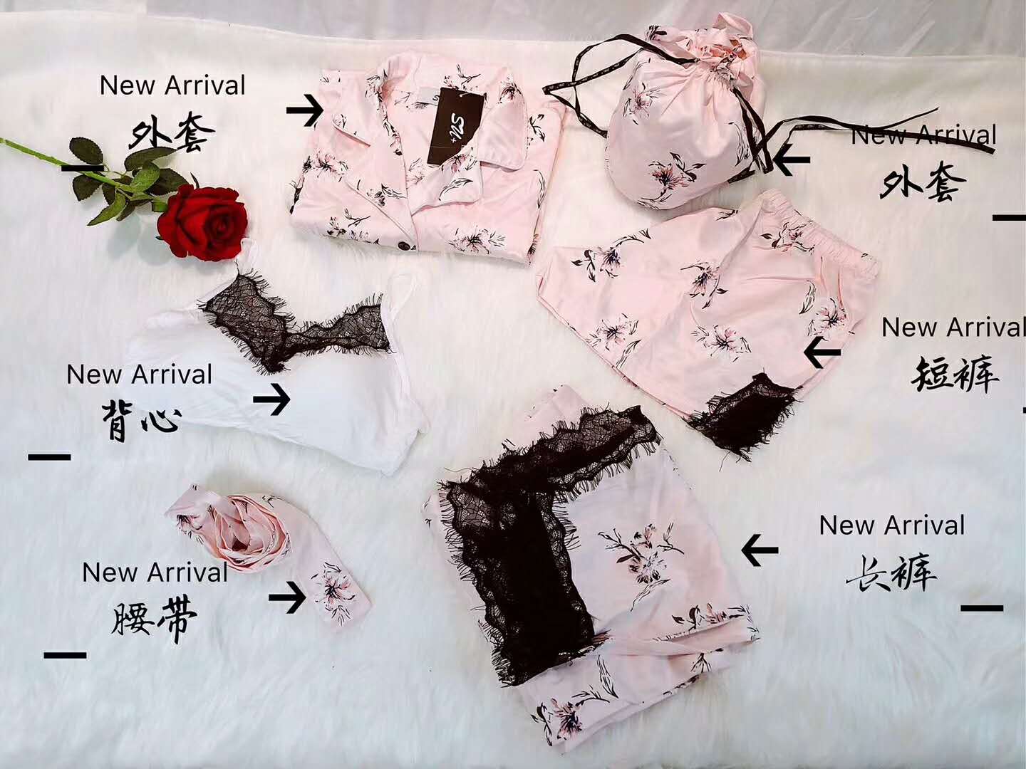 New silk pajamas 6-piece set, goddess lace 6-piece set for home wear details Picture