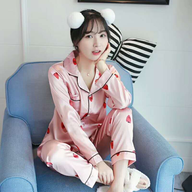 Plus-size pajama lady Ice Silk sweet strawberry girl Soft girl long sleeve home dress set