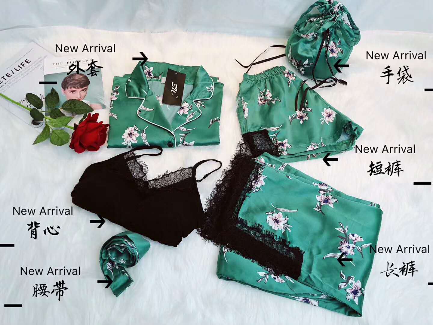 New silk pajamas 6-piece set, goddess lace 6-piece set for home wear