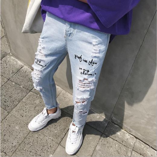 an-gc Ripped jeans Men's nine minute leg pants Beggar pants slim-fit pants