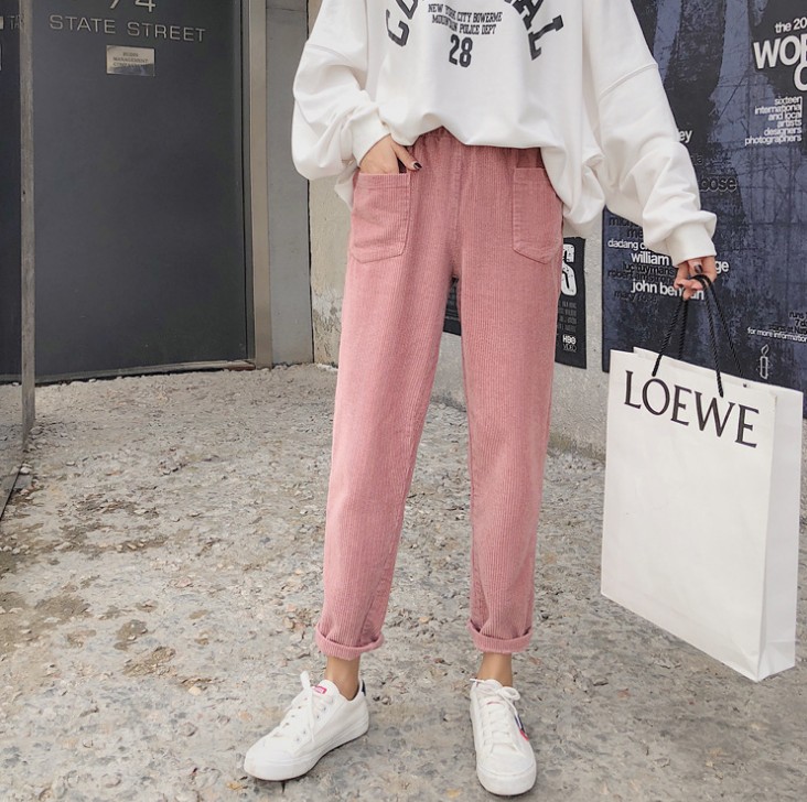 Corduroy pants for women, loose straight leg, student with fleece, casual dad corduroy radish