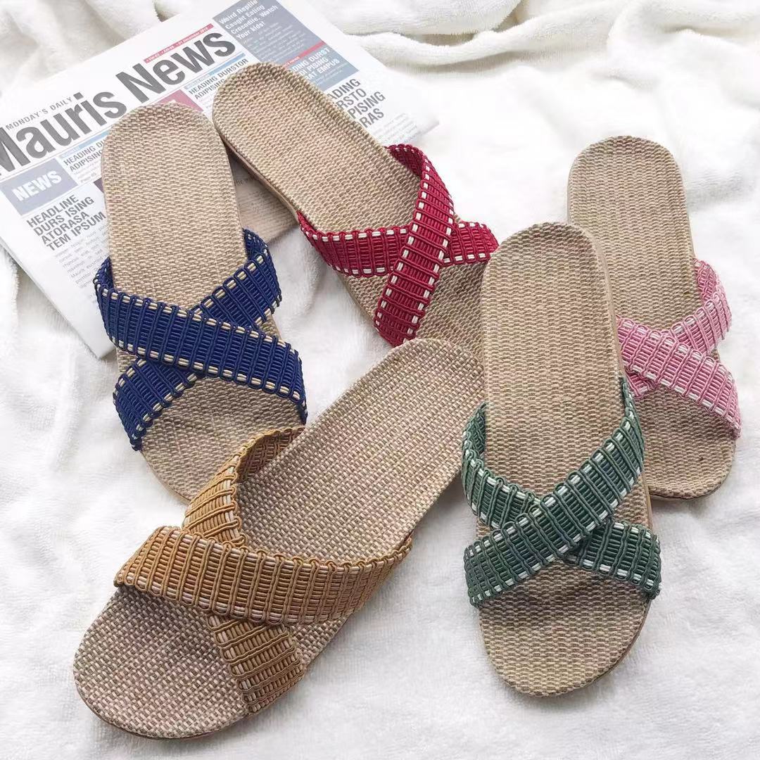 2019新款亚麻拖鞋织带交叉款夏季室内凉拖