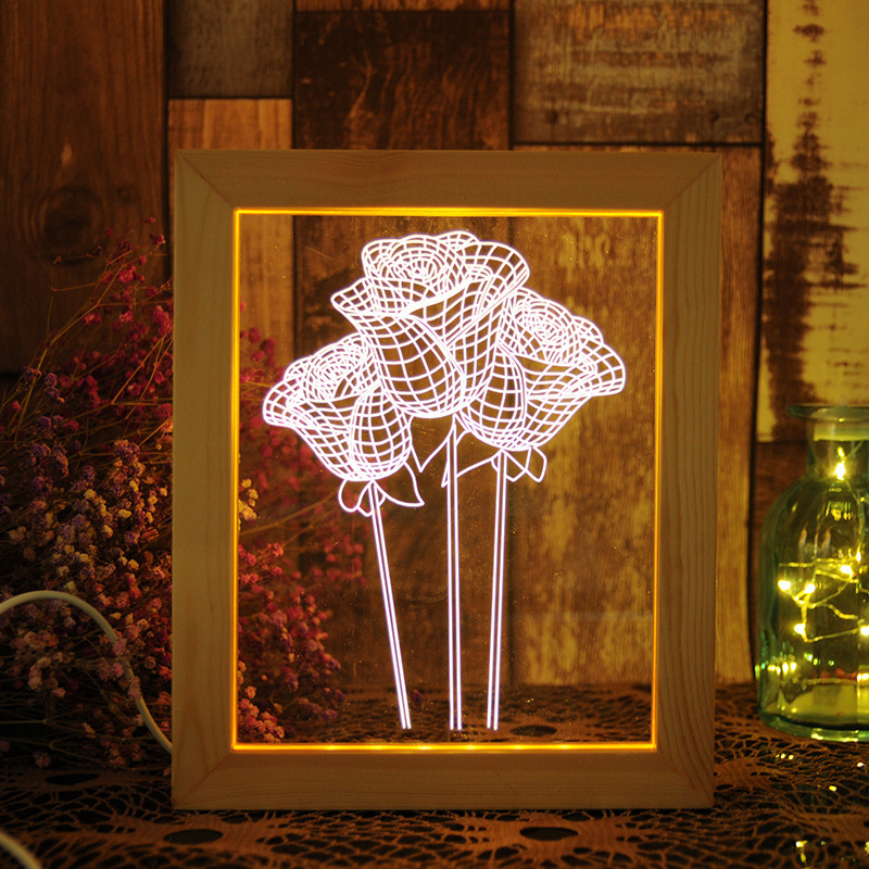 3D bedside table lamp, pine photo frame, three little rose night lights