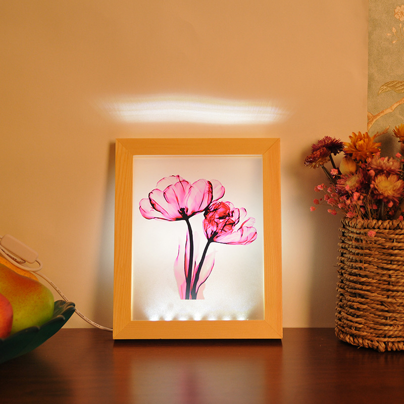 Led Printed flowers 3D bedside lamp USB pine frame Small Night lamp gift