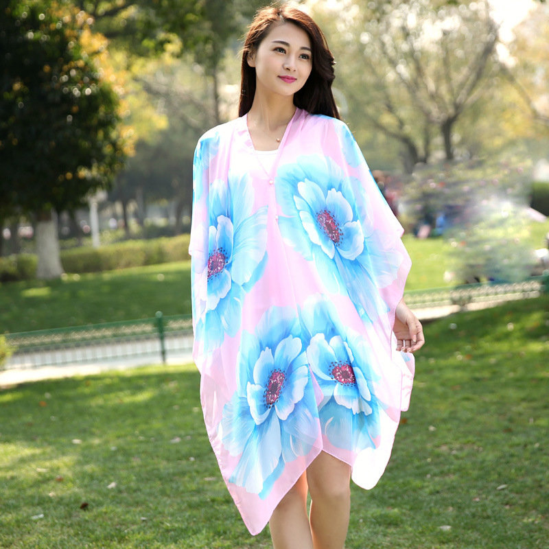 Summer New Nail Buckle Sunscreen Shawl Seaside Beach Silk Scarves Driving Cycling Sunshade Scarf Manufacturers Wholesale