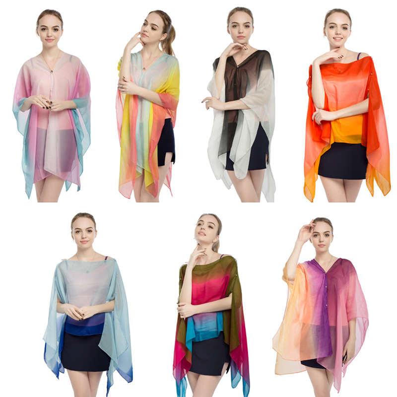 New Chiffon Pearl Buckle Women's Pullover Cape Wholesale Factory Direct Print Color Stripe Summer Sun Protection Cape Application Scenario