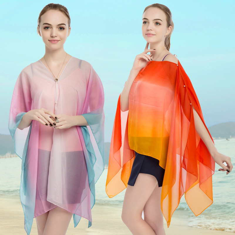 New Chiffon Pearl Buckle Women's Pullover Cape Wholesale Factory Direct Print Color Stripe Summer Sun Protection Cape