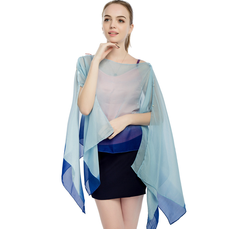 New Chiffon Pearl Buckle Women's Pullover Cape Wholesale Factory Direct Print Color Stripe Summer Sun Protection Cape details Picture