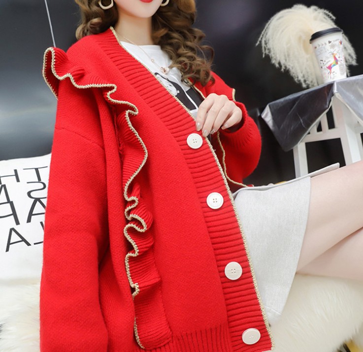 Sweater coat ladies ruffled all-over sweater sweater slouchy wood ear edge cardigan trend