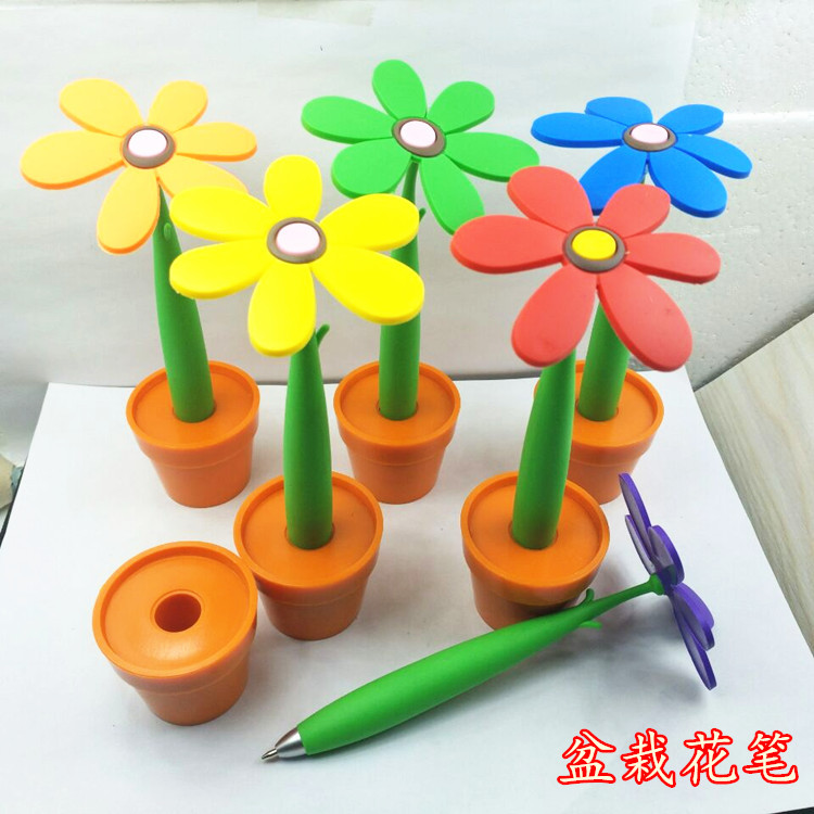 盆栽太阳花圆珠笔/太阳花花盆造型可爱软胶圆珠笔批发12支一盒