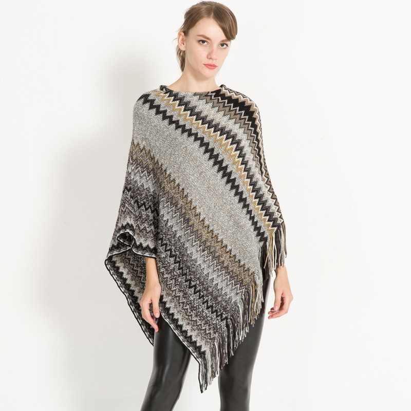 Autumn New European And American Fashion Cape Cape Loose 蝙蝠衫 Pullover Matching Striped Knitwear Women Specification drawing