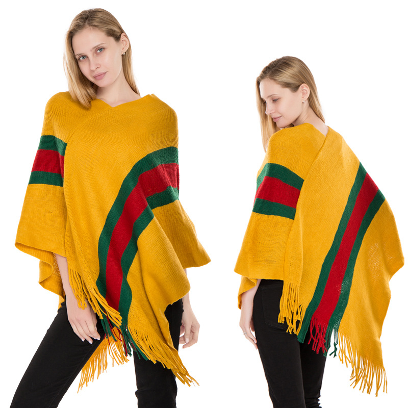 Manufacturers Direct Color Matching Striped Sweater Shawl Female Europe And The United States Autumn-Winter Imitation Cashmere Jumper Poncho Specification drawing