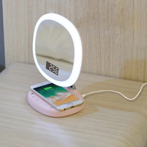 Mobile phone wireless charging makeup mirror lamp with LED display of time and temperature