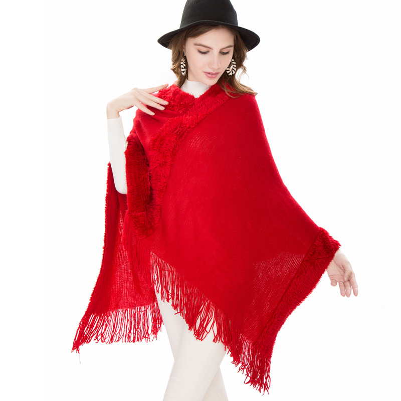 Manufacturers Direct Autumn And Winter Warm Cape Cape Women's New Large Size Imitation Cashmere Tassel Pullover Cape Knitwear details Picture