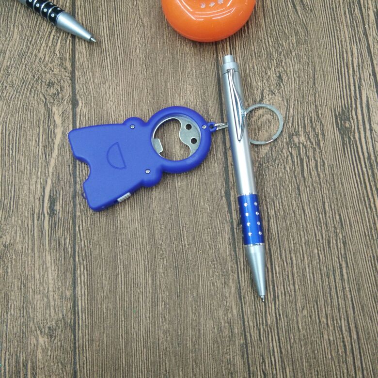 Multi-functional keychain (with light, ruler, bottle opener) + ballpoint pen Application Scenario