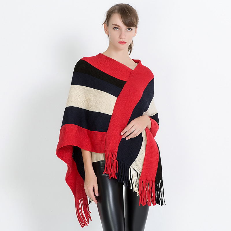 Autumn And Winter New Knitted Pullover Cape Cape Women Fashion Stripes European And American Foreign Trade Women Scarf Poncho Application Scenario