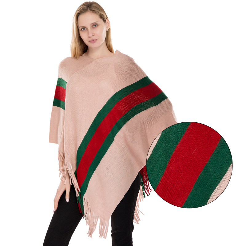 Manufacturers Direct Color Matching Striped Sweater Shawl Female Europe And The United States Autumn-Winter Imitation Cashmere Jumper Poncho details Picture