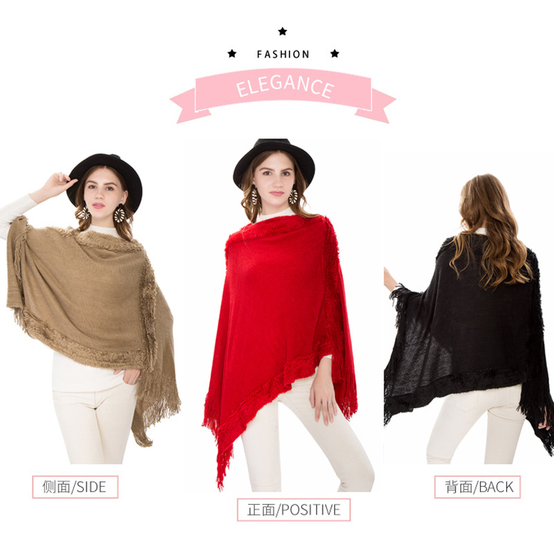Manufacturers Direct Autumn And Winter Warm Cape Cape Women's New Large Size Imitation Cashmere Tassel Pullover Cape Knitwear Specification drawing