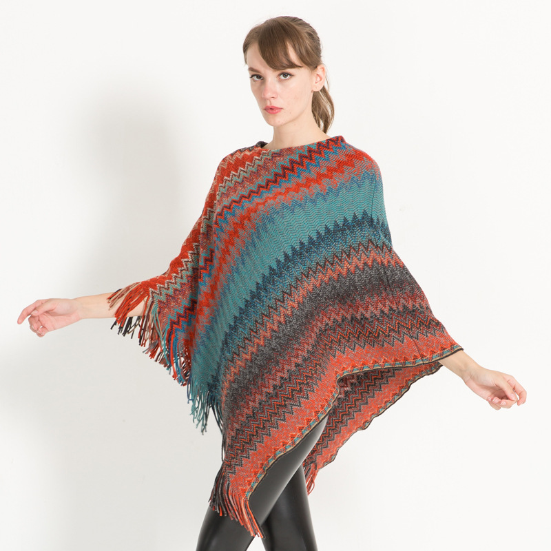 Autumn New European And American Fashion Cape Cape Loose 蝙蝠衫 Pullover Matching Striped Knitwear Women