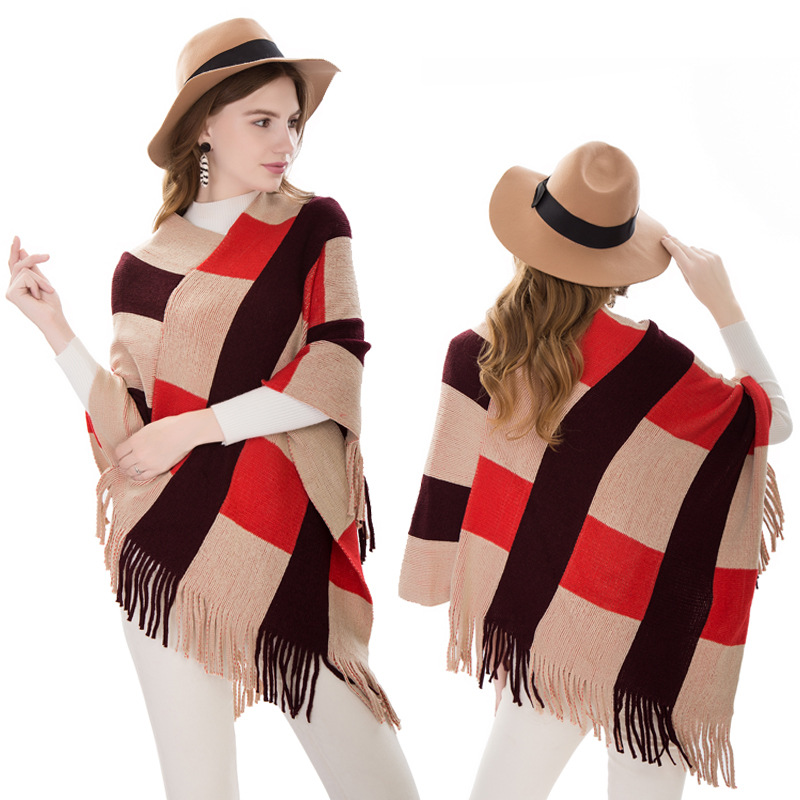 Autumn And Winter New Knitted Pullover Cape Cape Women Fashion Stripes European And American Foreign Trade Women Scarf Poncho details Picture