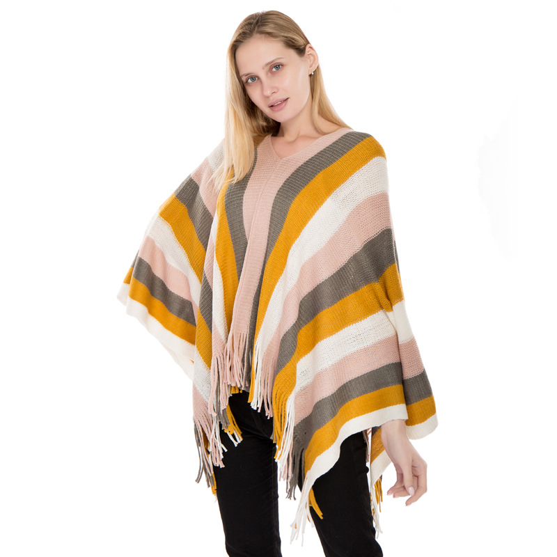 Europe And The United States Autumn And Winter New Color Striped Sweater Shawl Imitation Cashmere Warm Jumper Cloak A Hair details Picture