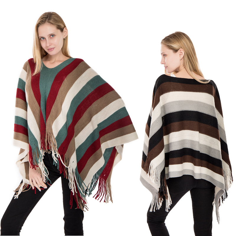 Europe And The United States Autumn And Winter New Color Striped Sweater Shawl Imitation Cashmere Warm Jumper Cloak A Hair