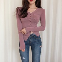 Spring fashion pinkish pink V-neck slim sexy irregular buckle small cardigan blouse