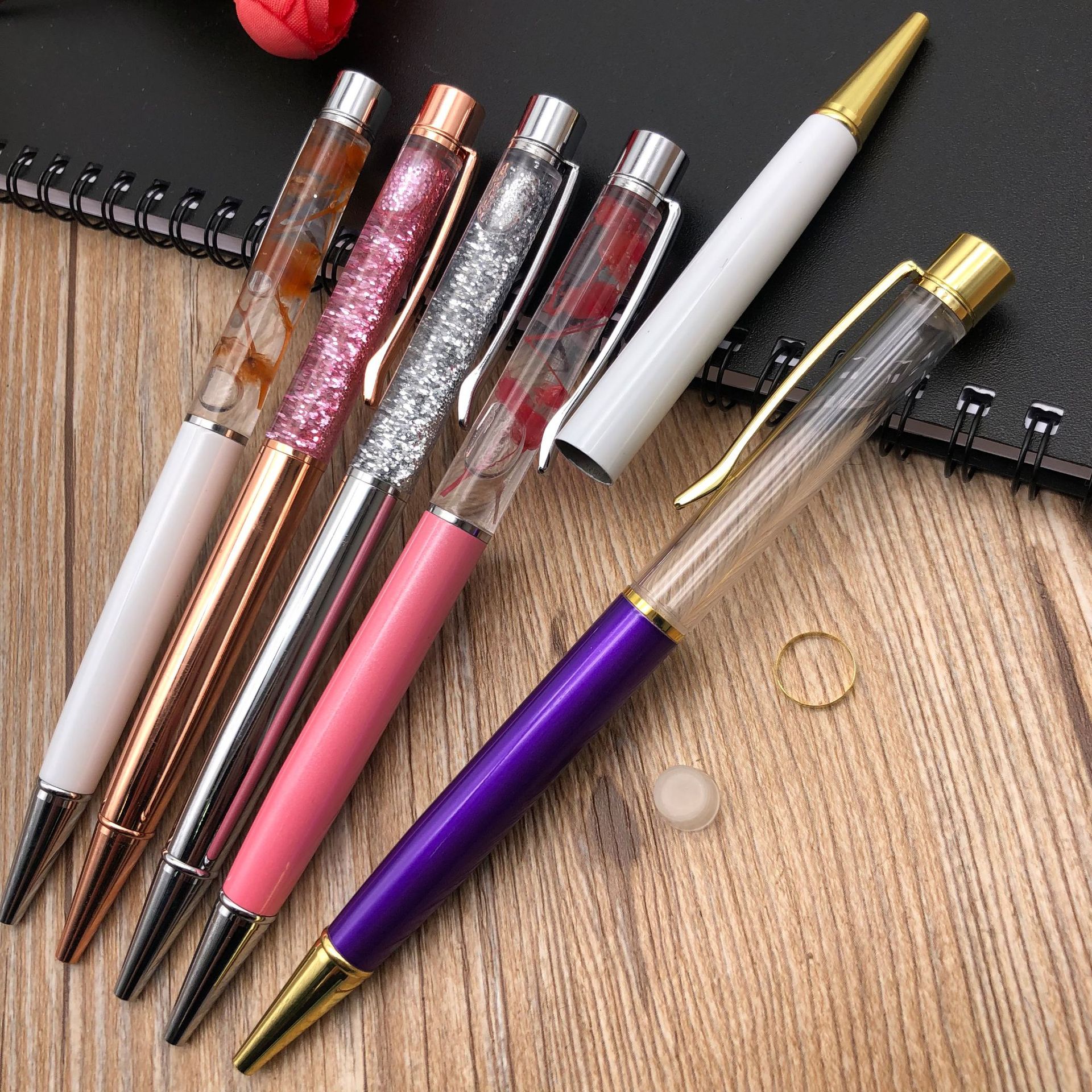 Wengang Minghao Pen Office Culture writing Tools Ballpoint Pen Oil dry flower Oil pen diy Empty tube metal ballpoint pen sealed all-metal material in stock gold powder sand pen Specification drawing