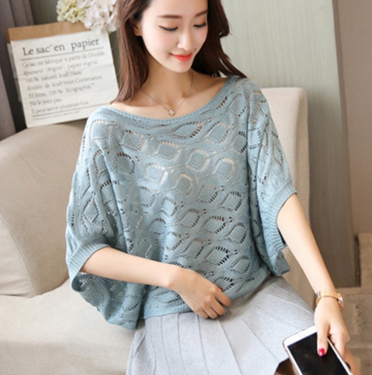 Knitted 蝙蝠衫 women 's cool air conditioning shirt short sleeve cutout shirt for women Specification image