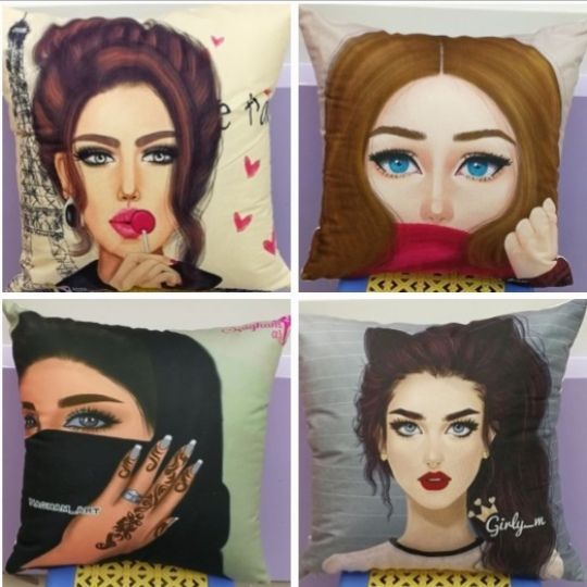 Digital printed Arab girl headshot throw pillow. Cushion, pillow support. Lean back. Pillowcase, pillow cover