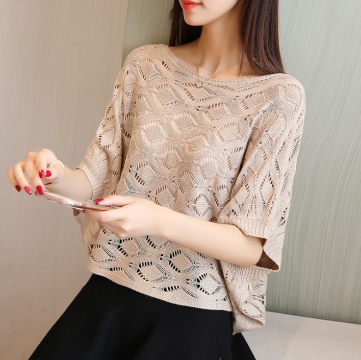 Knitted 蝙蝠衫 women 's cool air conditioning shirt short sleeve cutout shirt for women details Picture