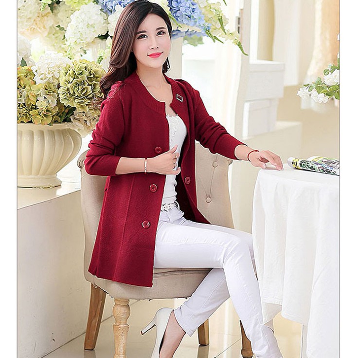 Spring new women's long sleeve knitted cardigan long double breasted sweater women's coat