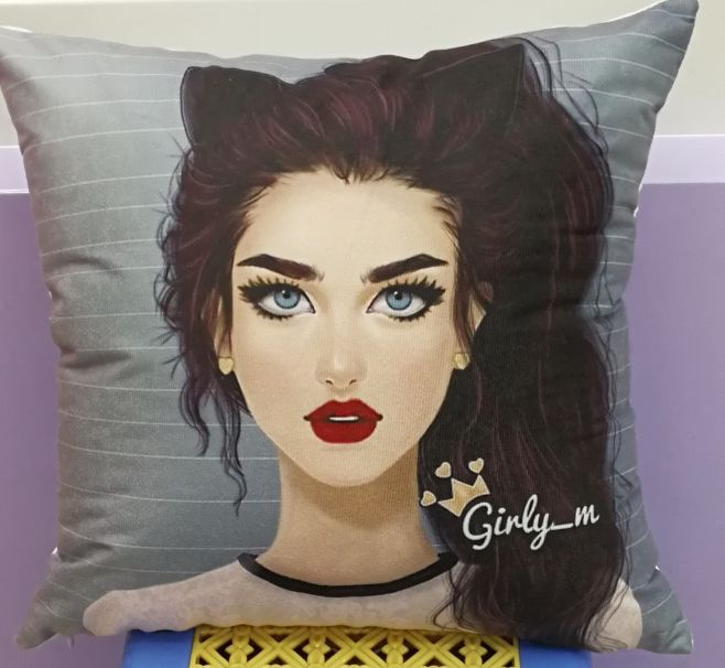 Digital printed Arab girl headshot throw pillow. Cushion, pillow support. Lean back. Pillowcase, pillow cover Specification image