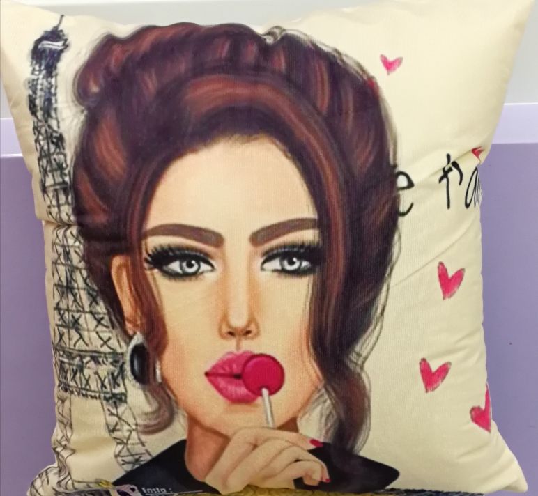 Digital printed Arab girl headshot throw pillow. Cushion, pillow support. Lean back. Pillowcase, pillow cover details Picture