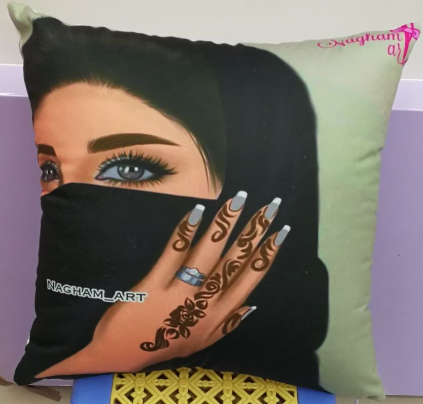 Digital printed Arab girl headshot throw pillow. Cushion, pillow support. Lean back. Pillowcase, pillow cover Application Scenario