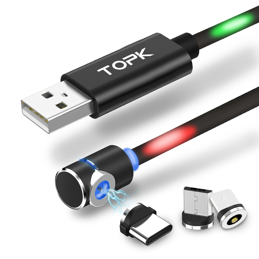 TOPK 弯头抖音磁吸数据线适用安卓果苹TypeC盲吸流光磁性充电线