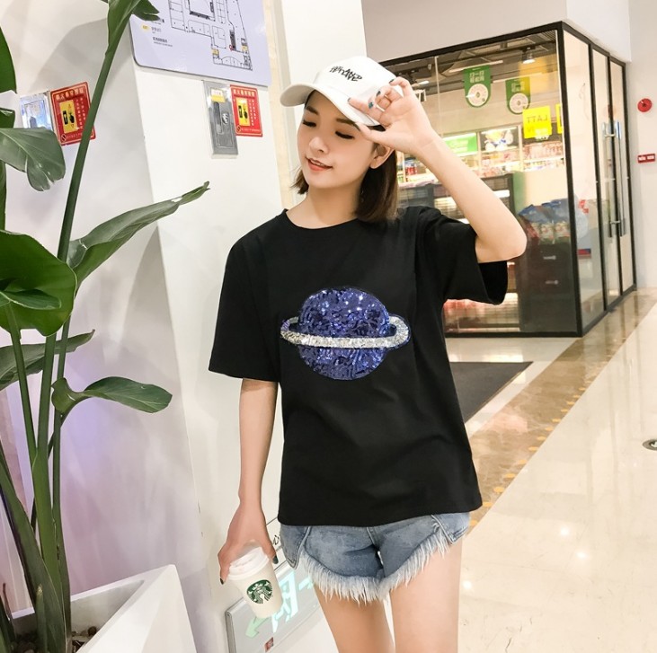 New summer Korean version loose Student Planet sequined white T-shirt for women's short-sleeved base layer