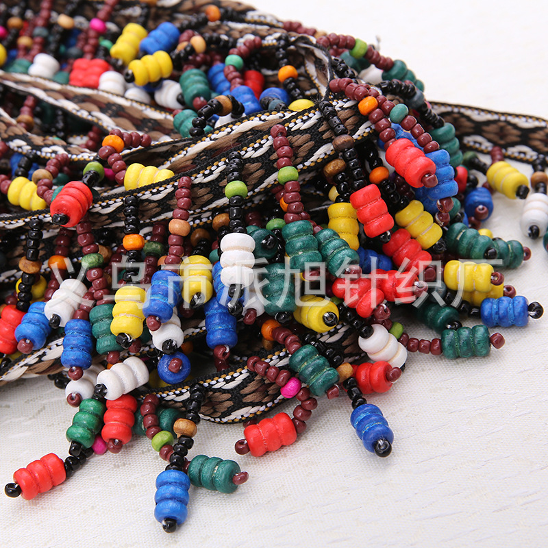 Handcrafted wooden beads, jacquard ribbons, lace ribbons, beaded ribbons, colored barcodes, ethnic style factory wholesale Specification image
