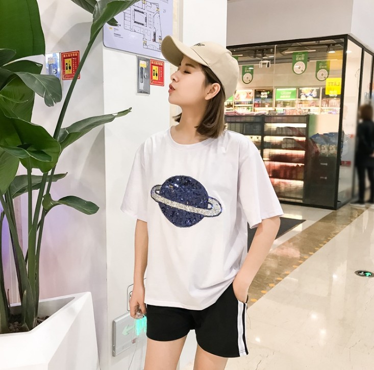 New summer Korean version loose Student Planet sequined white T-shirt for women's short-sleeved base layer details Picture