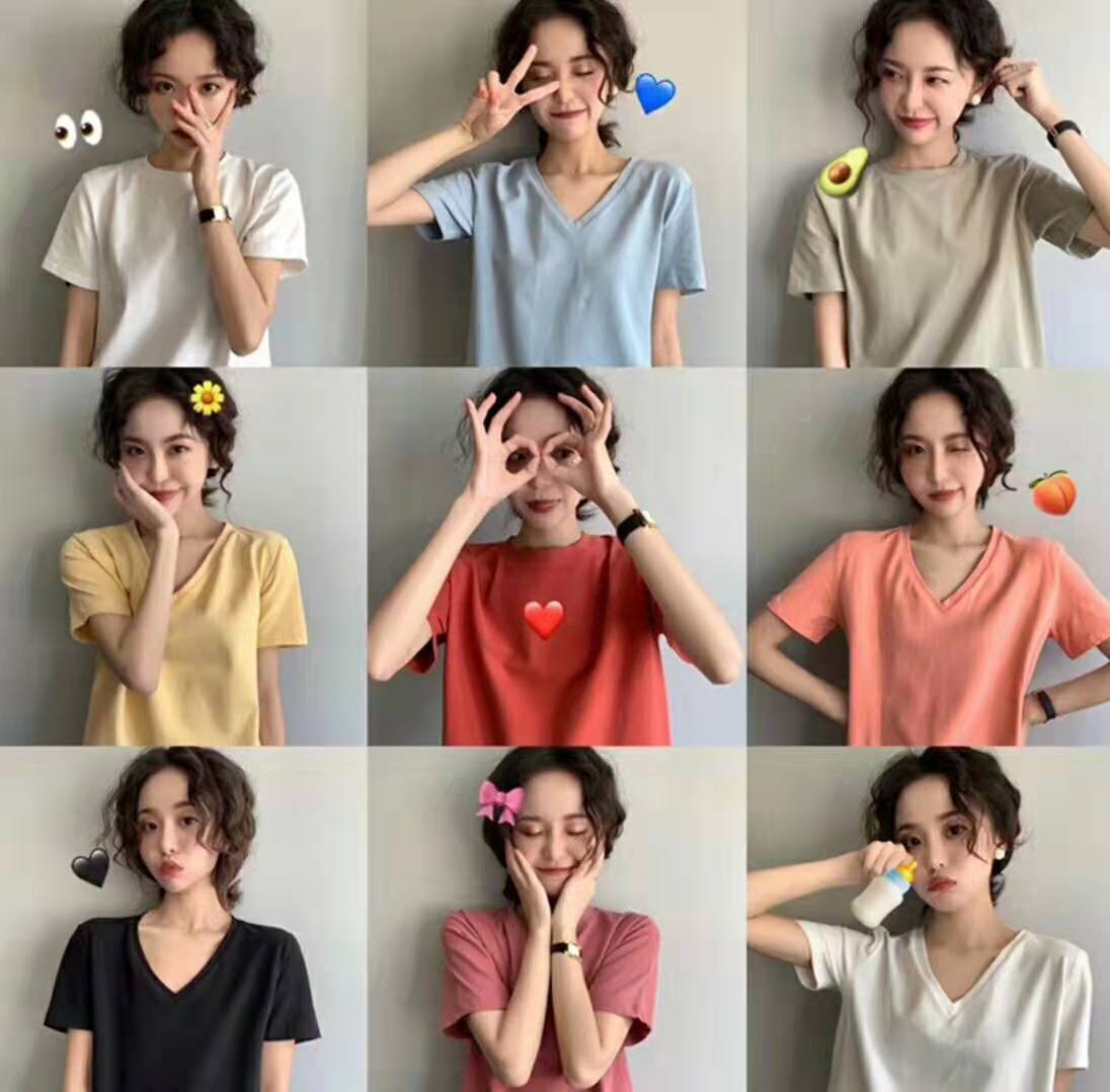 FFAN early spring white short-sleeved T-shirt women's V-neck net red T-shirt knock multi fairy color as you choose