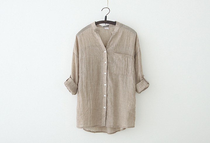 Sun-protective clothing, fresh and loose, cotton and linen three-quarter sleeve stand-up collar shirt, women's linen shirt Specification image