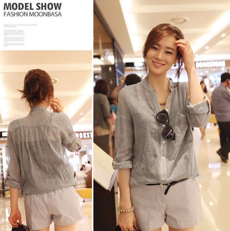 Sun-protective clothing, fresh and loose, cotton and linen three-quarter sleeve stand-up collar shirt, women's linen shirt details Picture