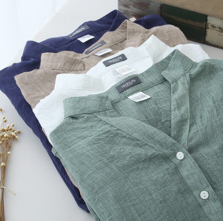 Sun-protective clothing, fresh and loose, cotton and linen three-quarter sleeve stand-up collar shirt, women's linen shirt