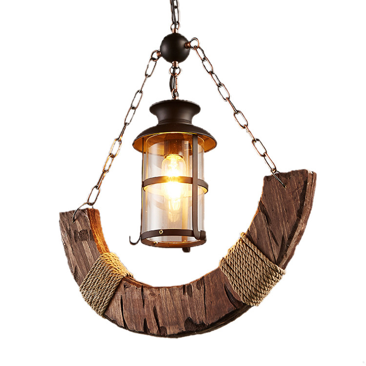 Antique chandelier made of wooden boat, cafe and bar