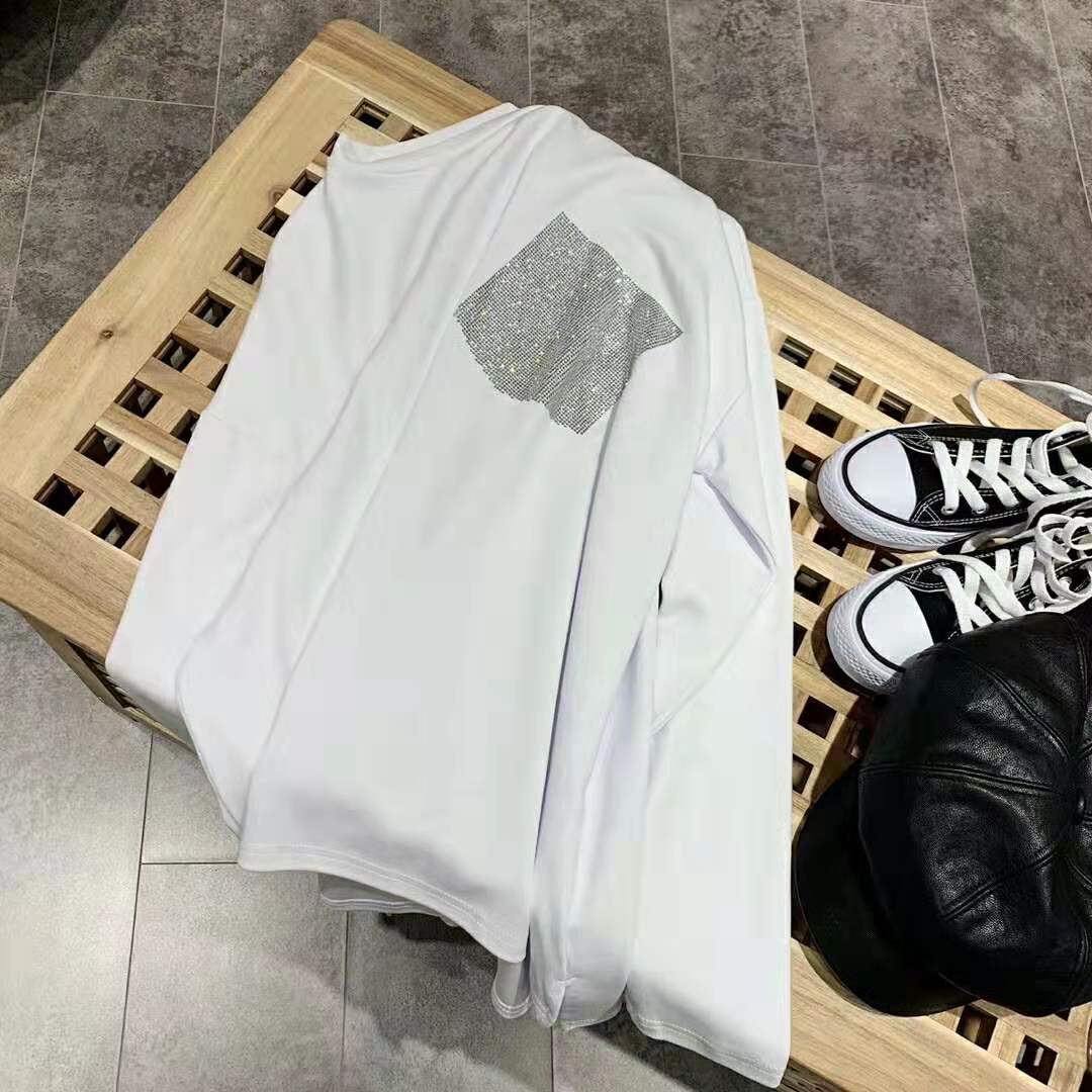 New spring women's wear: Fashionable and casual, with rhinestone pockets, loose long-sleeved T-shirts in multiple colors and uniform sizes Specification image